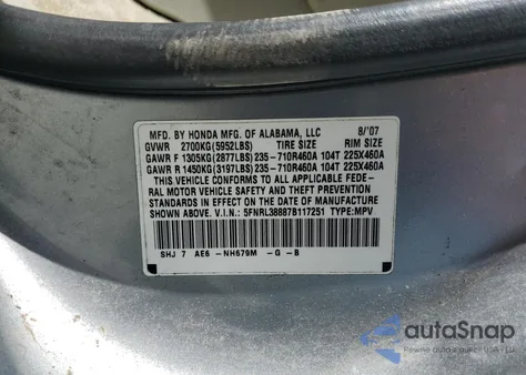 2007 Honda Odyssey Touring from USA, damaged, VIN 5FNRL38887B117251